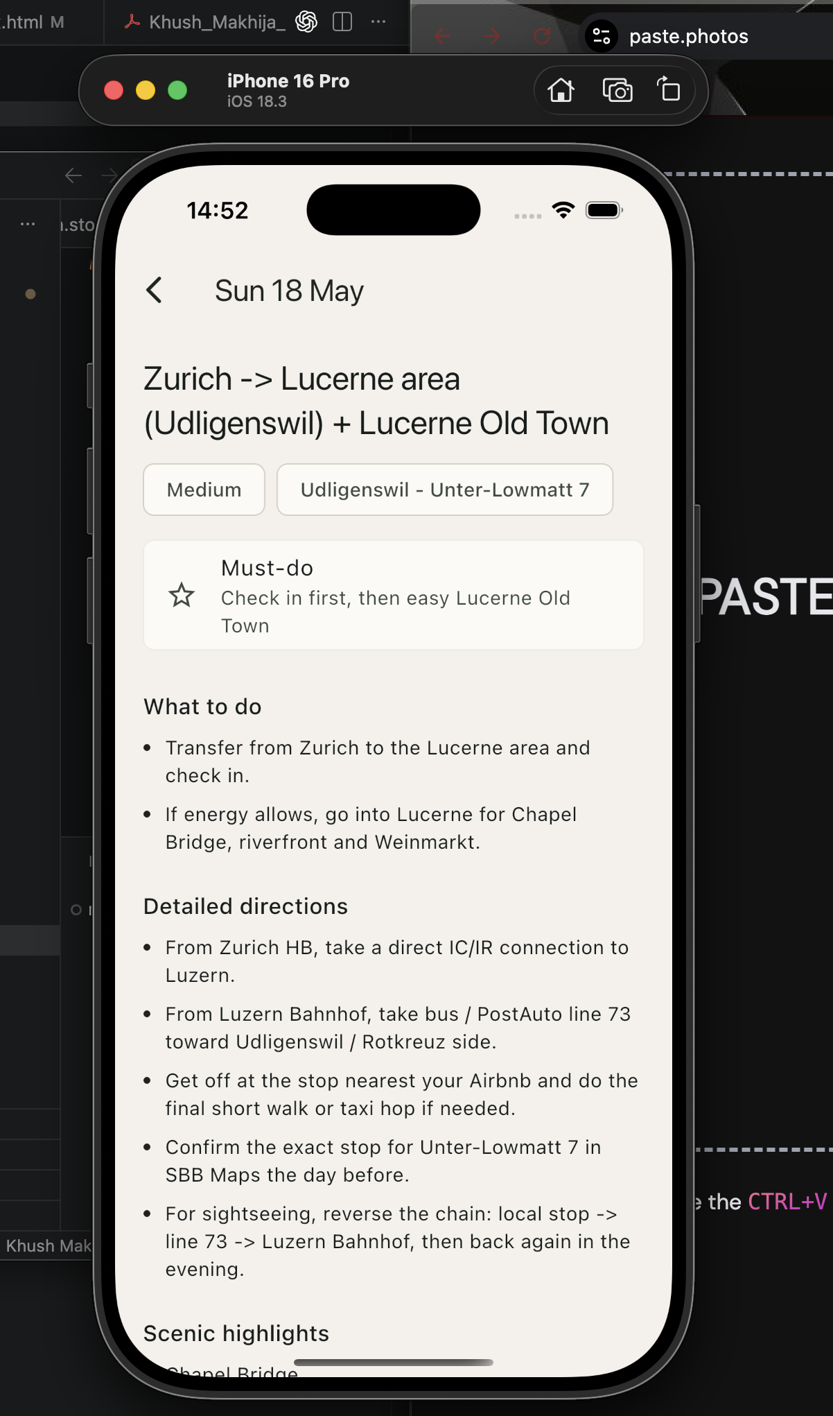 Swiss Trip day detail screen in iPhone simulator