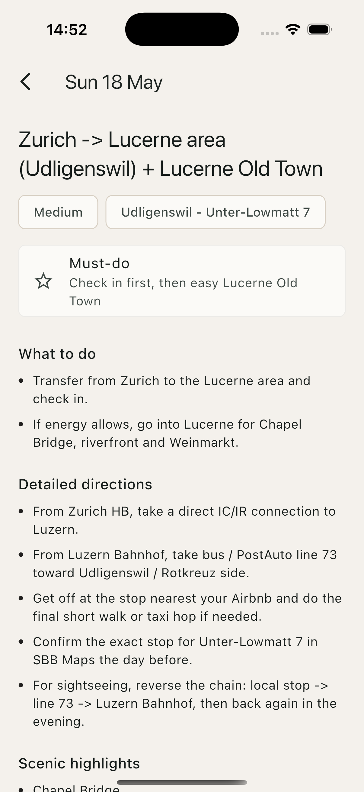 Swiss Trip itinerary detail screen