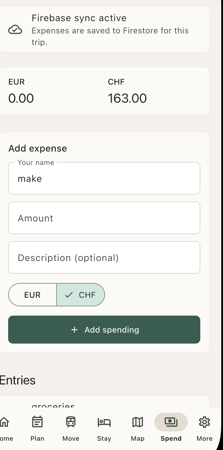 Swiss Trip spending form close-up