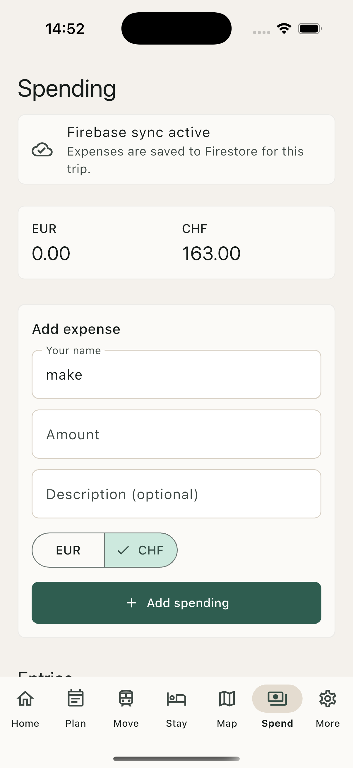 Swiss Trip spending tracker screen