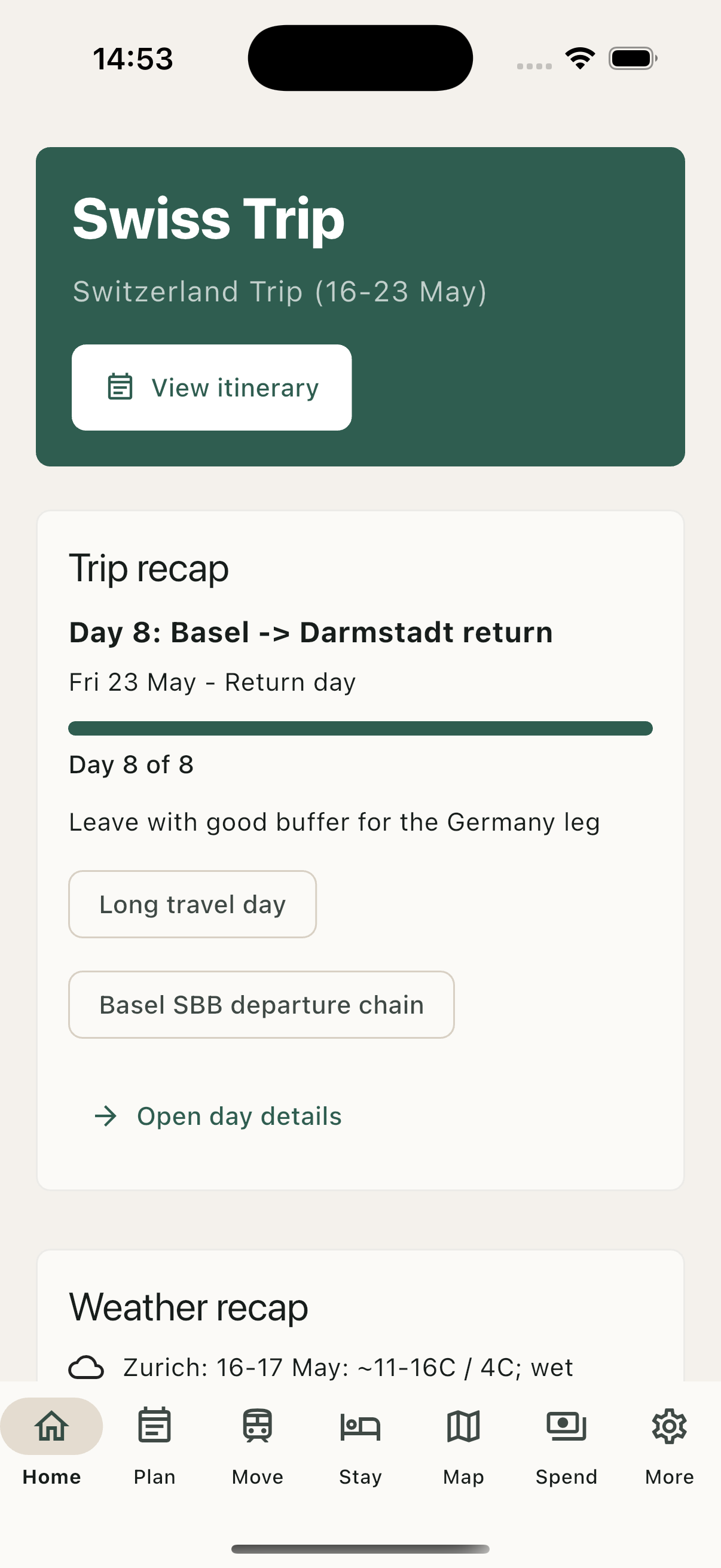 Swiss Trip home screen with trip recap