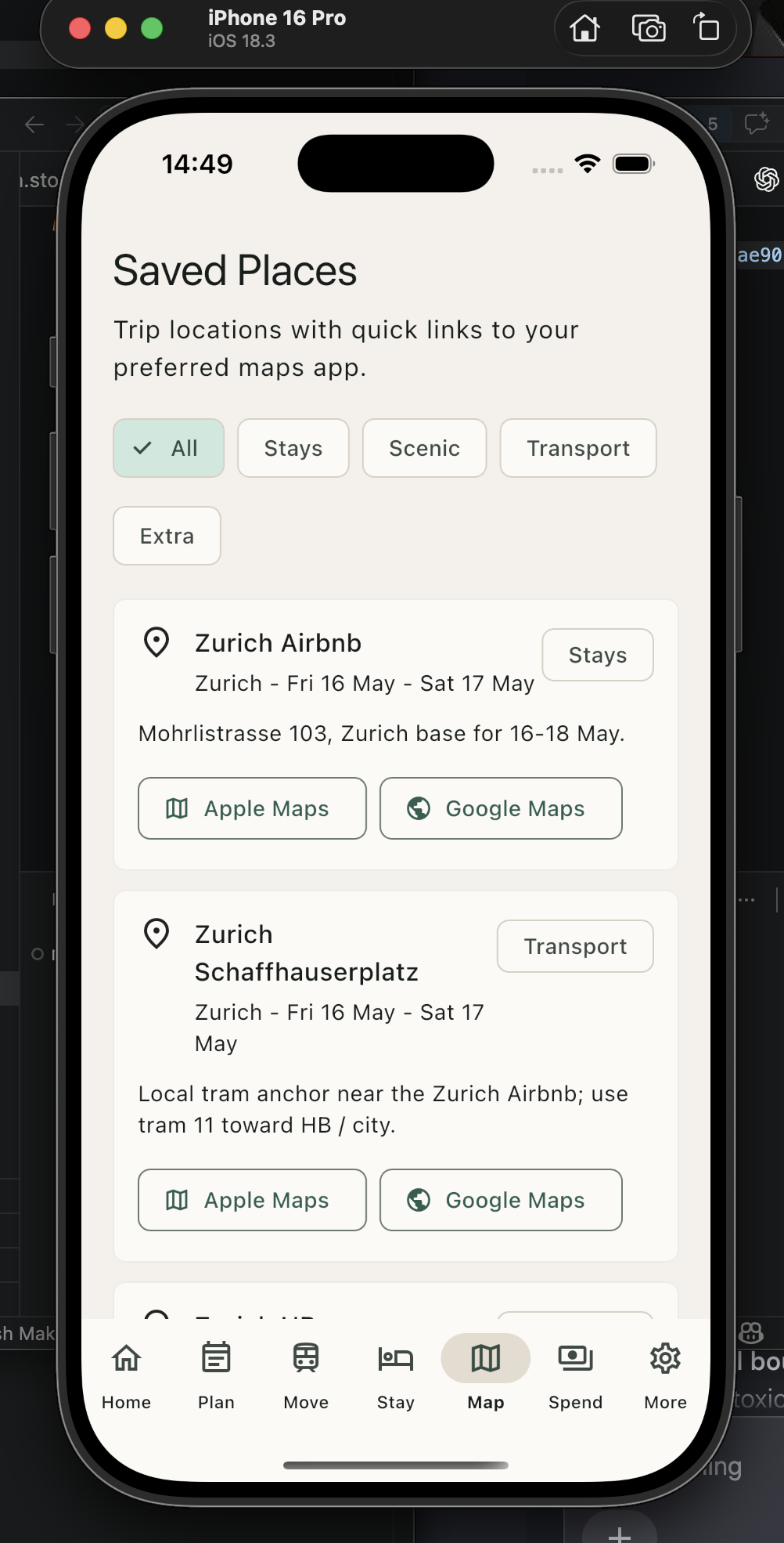 Swiss Trip saved places screen with map links